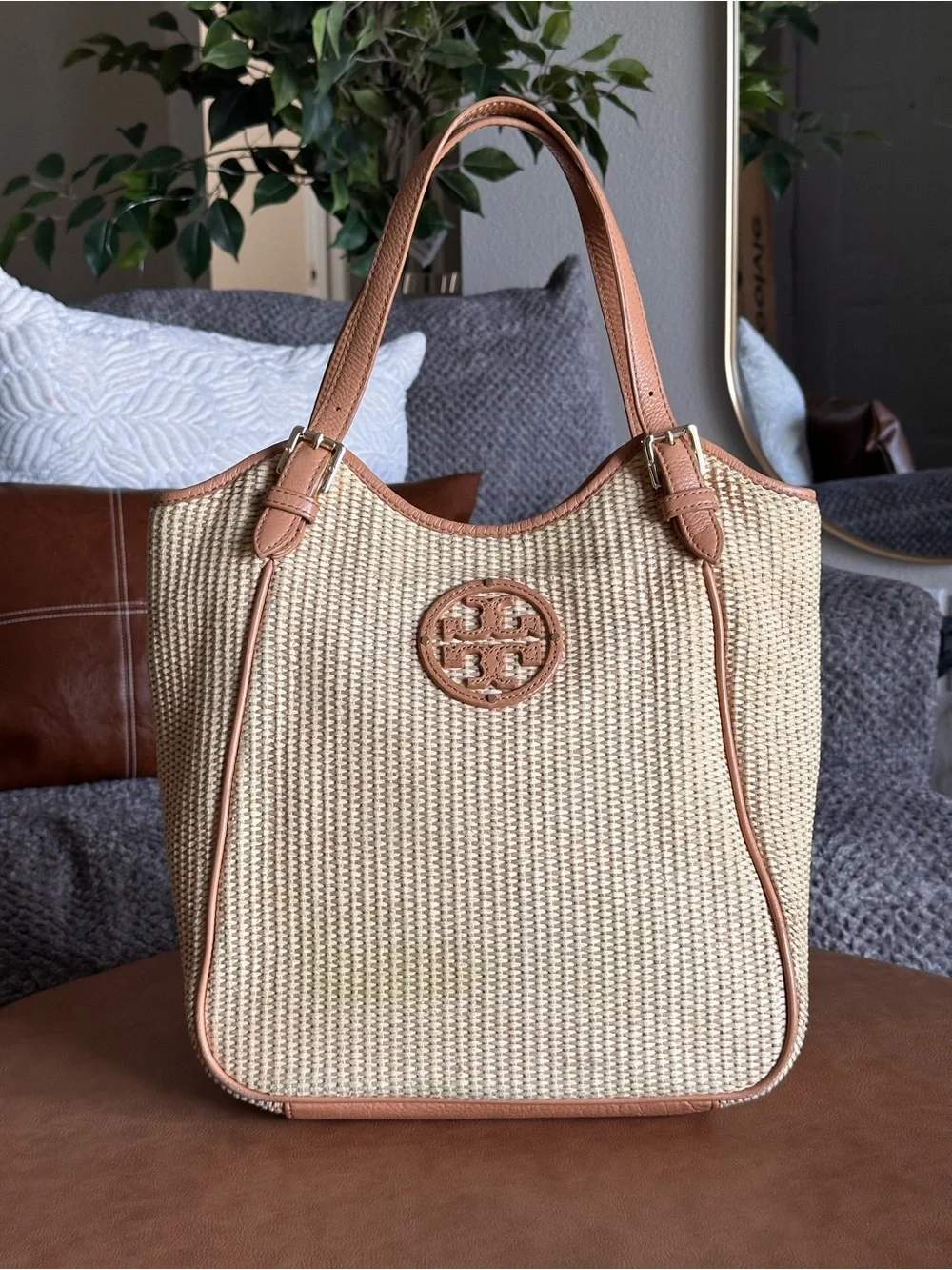 Tory Burch Raffia York Buckled Natural Straw Leather Large Tote Bag
